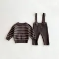 Baby knitted sweater and suspender pants set toddler striped long sleeve outfit autumn - 66cm / Coffee