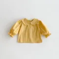 Toddler cute yellow long-sleeve cotton blouse with peter pan collar, detailed flat lay view. - 73cm / Tops / Yellow Top