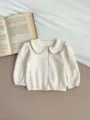 Baby girl cute knit cardigan sweater with contrast color doll collar and long sleeves detail. - 66cm / Apricot