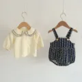 Süßes Baby Kleinkind Set langarm Bluse und gestickter Strampler für Jungen und Mädchen - 66cm / Saphirblau