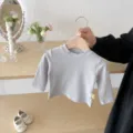 Infant grey ribbed long sleeve basic t-shirt close up, soft cotton baby apparel detail. - 66cm / Gray