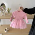 Kleinkind Mädchen Rosa Strick Mesh Langarm Prinzessin Kleid Süß Baby Pullover Kleid Detail - 73cm / Rosa
