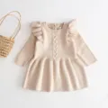 Infant baby girl knit dress long sleeve ruffles winter cute toddler princess sweater dress - 80cm / Apricot