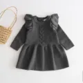 Dark grey knit baby dress with cute ruffle shoulders and cable knit design for girls autumn. - 80cm / Gray