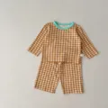 Infant baby cotton checkered long sleeve top and pants set with contrast color collar for autumn. - 66cm / Dark Khaki