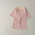 Cute baby cotton gingham long sleeve top and trousers set, comfortable infant sleepwear. - 66cm / Pink