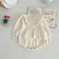 Infant baby girl knit romper, autumn cute ruffled long sleeve toddler bodysuit with skirt detail. - 66cm / Beige Apricot