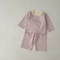 Infant purple gingham long sleeve top and pants set detail, soft cotton baby loungewear. - 66cm / Purple