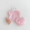 Summer baby girl pink striped two-piece outfit with cute bunny socks and jelly sandals detail. - 66cm / Pink