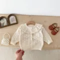Baby girl hollow-out knit cardigan with large ruffle collar, sweet long sleeve spring sweater. - 66cm / Tops / Beige Apricot