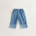 Kids blue washed denim pants with elastic waist and frayed cuffs for girls casual wear - 73cm / Blue