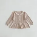 Infant baby girl knit cardigan detail, delicate hollow-out pattern and cute ruffled collar. - 66cm / Light Khaki