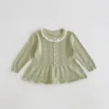 Baby girl knitted cardigan with ruffled collar, lightweight hollow-out thin cotton sun protection coat. - 66cm / Green