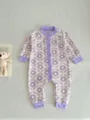 Cozy knit baby romper with purple floral pattern, long sleeve infant jumpsuit for autumn. - Purple
