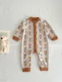Cute knitted baby romper with brown floral pattern, long sleeves and button closure details. - Coffee Floral