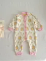 Baby knit romper detailed view, cute daisy pattern autumn infant clothing with buttons. - 66cm / Daisy