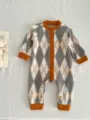 Baby knit romper autumn long sleeve infant jumpsuit with classic argyle pattern buttons. - Argyle