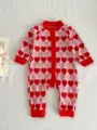Cute baby knit romper with red pink heart pattern long sleeve infant jumpsuit comfy outfit - 66cm / Red Heart