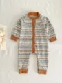 Baby knit romper with geometric pattern, long sleeves, and brown ribbed trim for cute autumn. - 73cm / Small Diamond Quilted