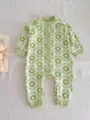 Green and white floral knit baby romper, cozy long sleeve infant onesie with front buttons. - Green Floral