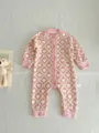 Knit baby romper, pink heart diamond pattern, comfortable infant sweater jumpsuit. - Pink Heart