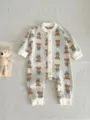 Cute knit baby romper with brown bear pattern, cozy long sleeve infant jumpsuit. - Teddy Bear