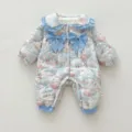 Infant winter fleece-thickened padded romper with cute cat print, ruffled collar and dual blue bows. - 66cm / Blue