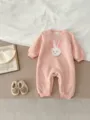 Cute baby fleece winter jumpsuit with adorable bunny embroidery, warm and cozy pink romper for infants. - 66cm / Pink
