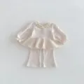Cute baby girls long sleeve mesh peplum top and flared pants two piece outfit for spring. - 73cm / Top And Bottom / Apricot