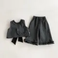 Stylish girls spring outfit set, cute polka dot sleeveless top and wide leg pants. - 73cm / Set