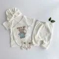 Infant summer cotton short sleeve top pants hat socks set detail view, cute cartoon bear print. - 66cm / Beige Apricot