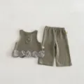 Baby girl green waffle knit sleeveless top and trousers set with cute grey ruffled hem. - 73cm / Set