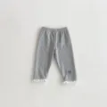 Baby grey ribbed leggings with lace trim and cute bow embroidery, comfortable infant pants. - 66cm / Light Gray