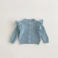 Infant baby girls cute knitted cardigan sweater, light blue diamond jacquard with lovely ruffles. - 66cm / Grey Blue