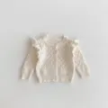 Infant knit cardigan close-up, diamond jacquard pattern, ruffle sleeve detail, soft texture. - 66cm / White Apricot