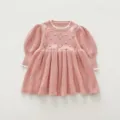 Pink baby girl knit dress with long puff sleeves and cute diamond pattern. Infant autumn. - 73cm / Pink