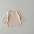 Infant baby ribbed long sleeve t-shirt, cute cotton round neck button top for autumn wear. - Apricot / 66cm