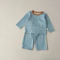 Cute blue and white checkered baby two-piece set with brown collar, soft cotton infant outfit. - 66cm / Blue