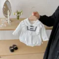 White baby girl long sleeve romper featuring delicate lace doll collar for sweet autumn wear. - H07-73cm