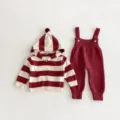 Conjunto de punto para bebé con cárdigan de rayas con capucha y pantalón de otoño - 66cm / Burdeos