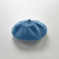 Infant blue knit beret detail view, soft breathable solid color baby hat close-up shot. - One Size / Blue