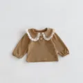 Infant baby toddler girl long sleeve top with white lace Peter Pan collar and buttons. - 66cm / Khaki Top