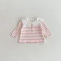 Details of baby girl long sleeve t-shirt with red stripes and sweet ruffled doll collar. - 66cm / Red Stripe