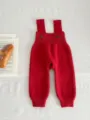 Red baby knitted strap trousers, cute infant cotton overalls for autumn daily wear and styling. - Bright Red