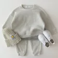 Kids casual waffle knit clothing set autumn long sleeve top pants beanie shoes outfit - 80cm / Gray