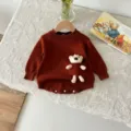 Infant baby cute bear knitted romper long sleeve jumpsuit autumn newborn baby clothes - 66cm / Red