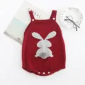Cute baby knitted rabbit romper detail view, soft cotton baby crawler with furry tail. - 66cm / Red