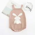 Cute knitted baby romper with adorable bunny pattern and pom-pom tail, soft cotton infant jumpsuit. - Khaki