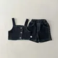Set due pezzi in denim scuro per bambini estate bambina top con bretelle e pantaloncini. - 66cm / Top / Nero