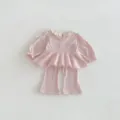 Cute toddler baby girl pink ribbed long sleeve top and flared pants two piece clothing set. - 73cm / Top And Bottom / Pink